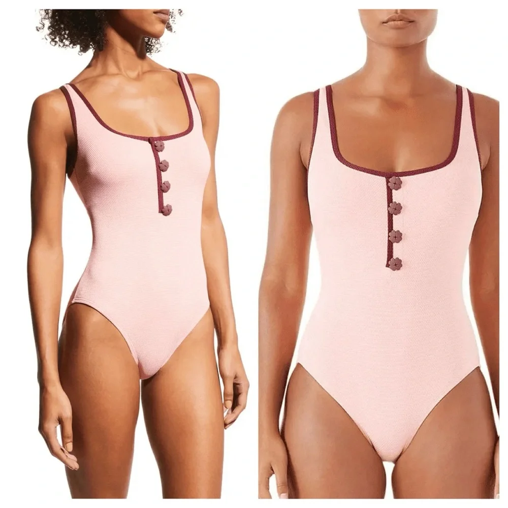 NWT Kate Spade New York Shell Pink Contrast Trim One Piece Swimsuit Bikini M - Picture 2 of 13